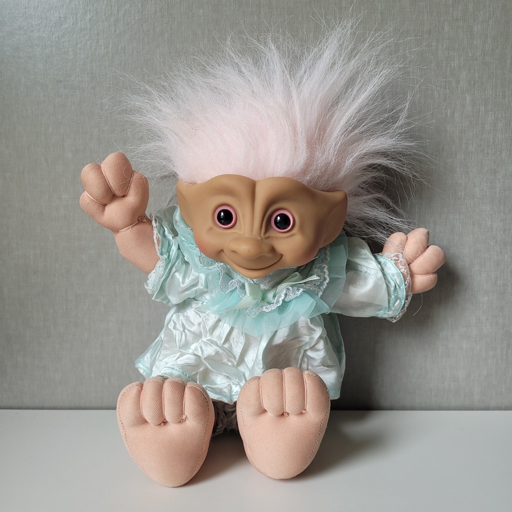 VTG 1991 Ace Novelty Treasure Troll Plush Doll 12" Pink Hair Mint Green Pajamas